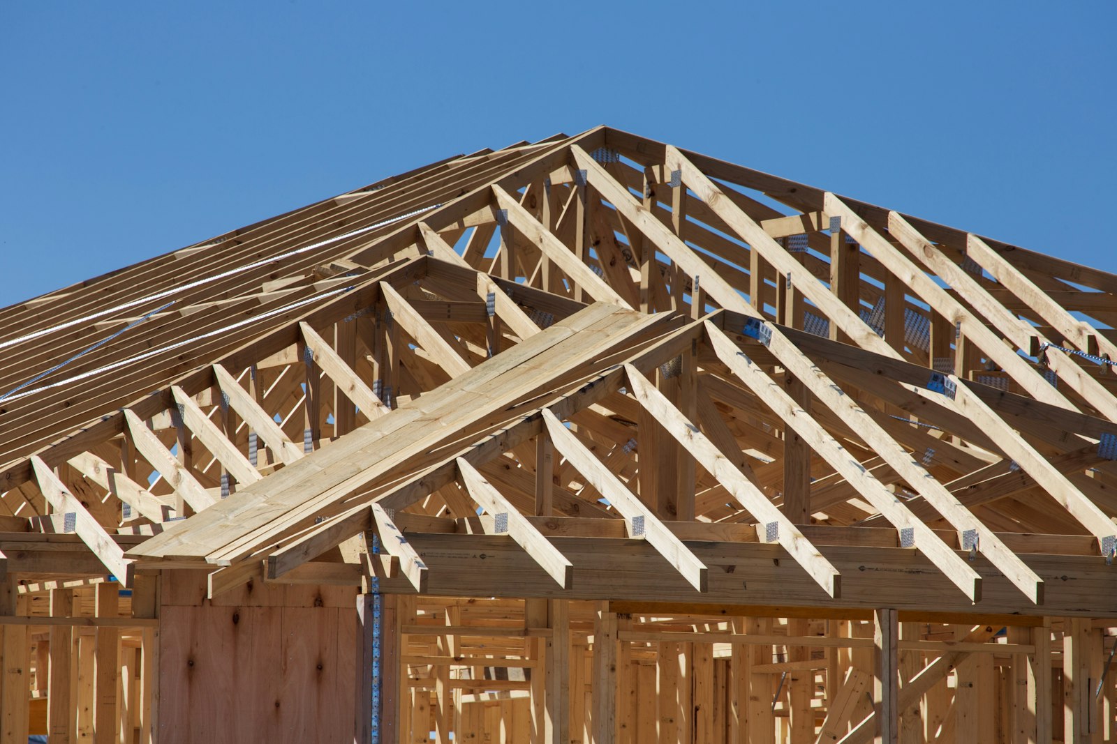Roof trusses and wood framing on a new home under construction